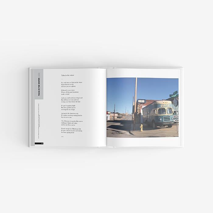 "Middle American Nostalgia" photograph and next to "Tulsa in the winter" poem by Amy Shelver